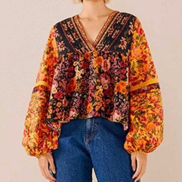 FARM Rio NWT Vibrant Flowers Garden Lace Trim V-Neck Bold Long Sleeve Blouse XS - Picture 4 of 10